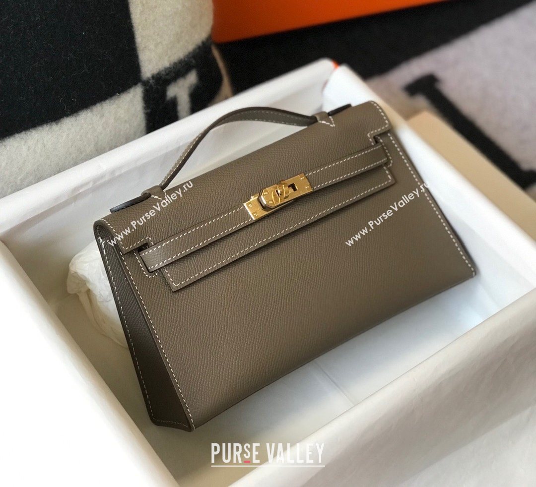 HERMES KELLY 22 EPSOM LEATHER CLUTCH BAG IN ELEPHANT GRAY (FULI-6159)