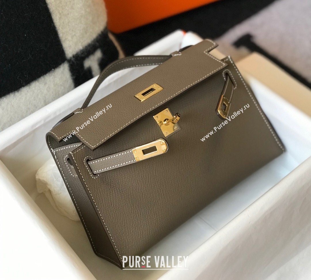 HERMES KELLY 22 EPSOM LEATHER CLUTCH BAG IN ELEPHANT GRAY (FULI-6159)