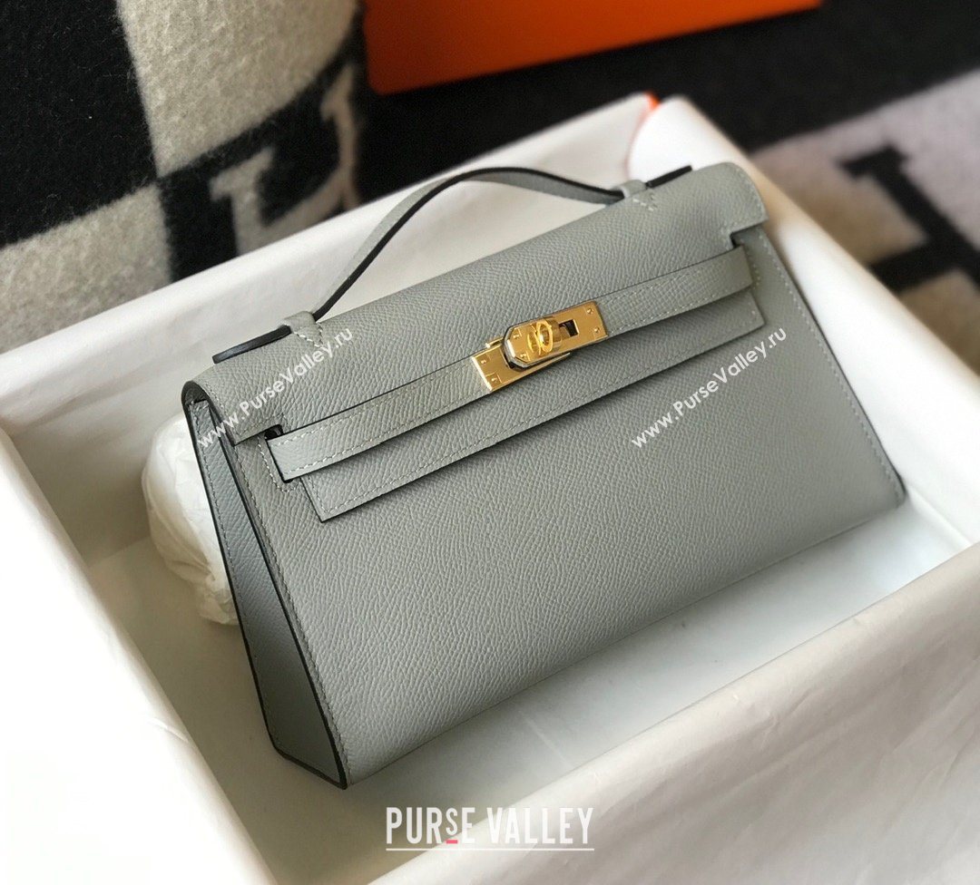 HERMES KELLY 22 EPSOM LEATHER CLUTCH BAG IN ICE BLUE (FULI-9371)