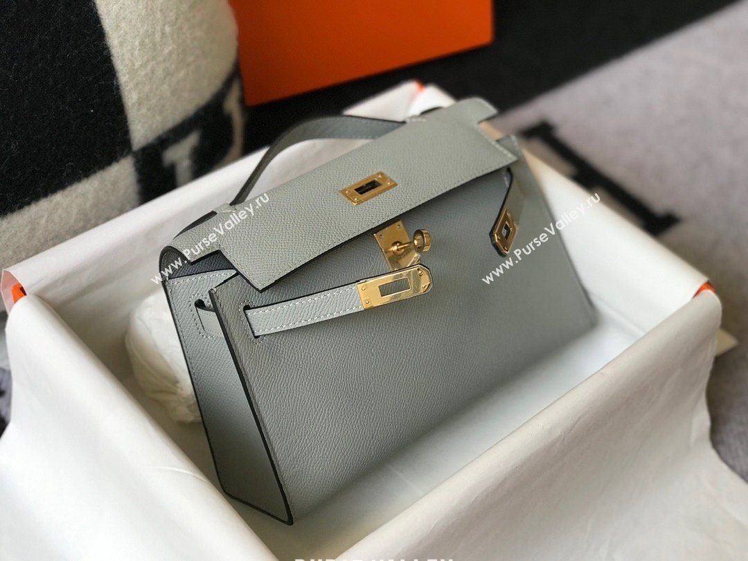 HERMES KELLY 22 EPSOM LEATHER CLUTCH BAG IN ICE BLUE (FULI-9371)