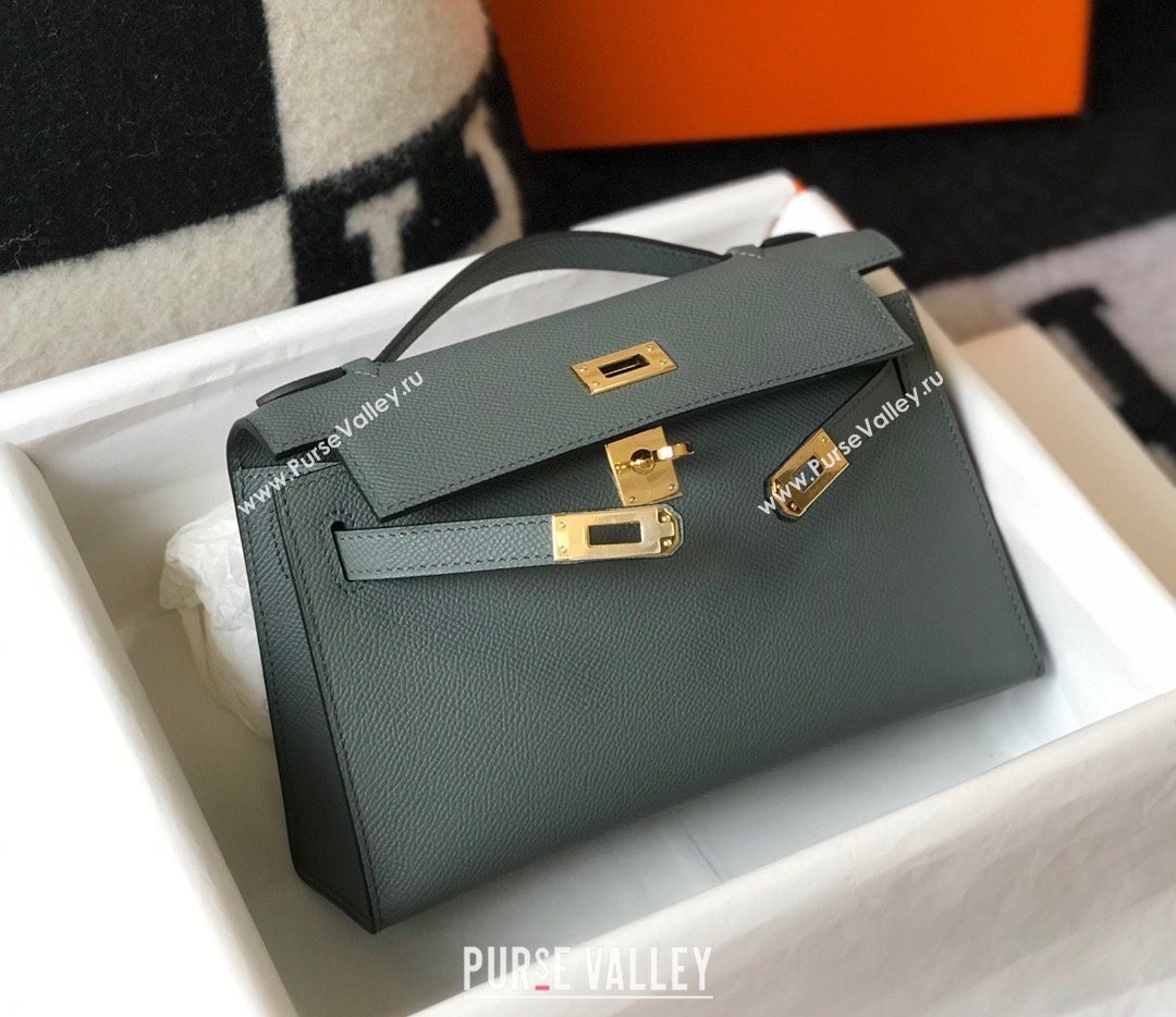 HERMES KELLY 22 EPSOM LEATHER CLUTCH BAG IN Vert Gris (FULI-8217)