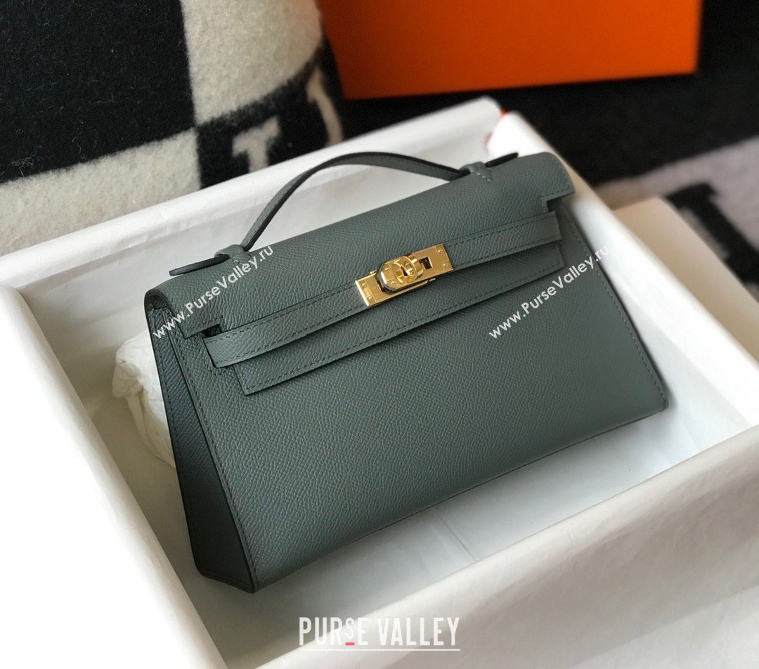 HERMES KELLY 22 EPSOM LEATHER CLUTCH BAG IN Vert Gris (FULI-8217)