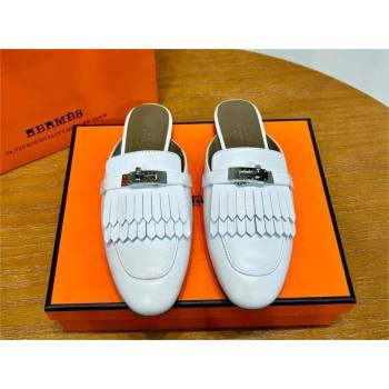 Hermes Kelly Buckle Oz Mules in fringed calfskin white (original quality) (mingdu-240321-01)