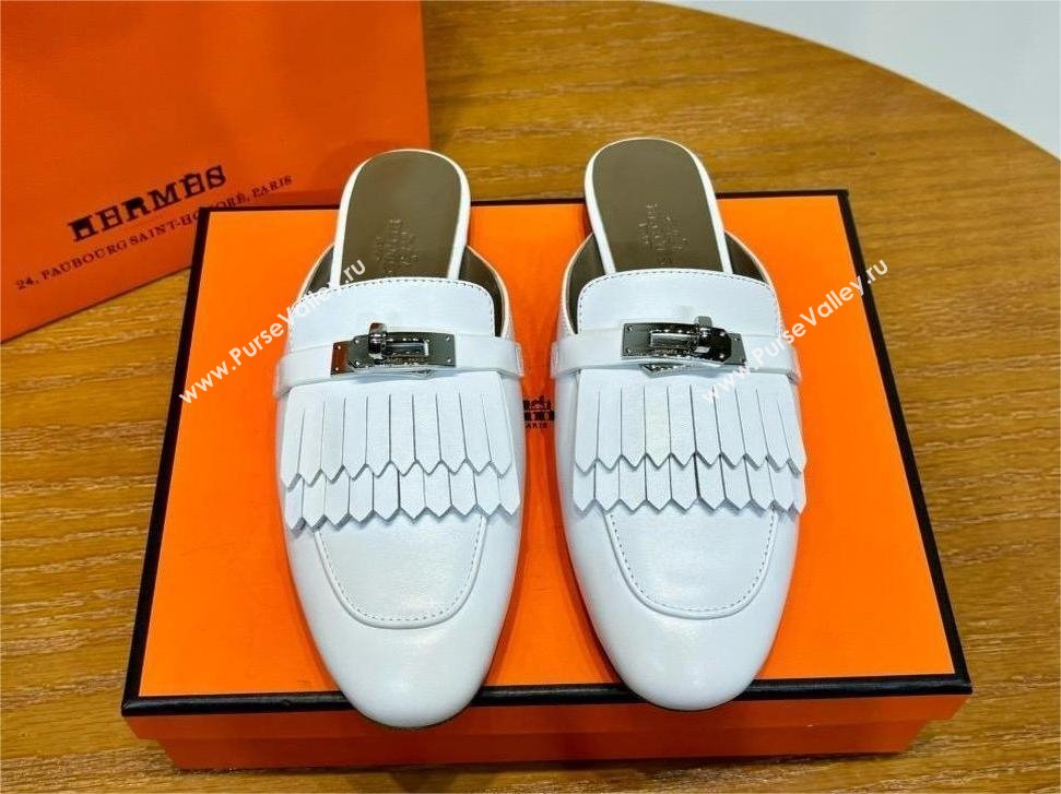 Hermes Kelly Buckle Oz Mules in fringed calfskin white (original quality) (mingdu-240321-01)