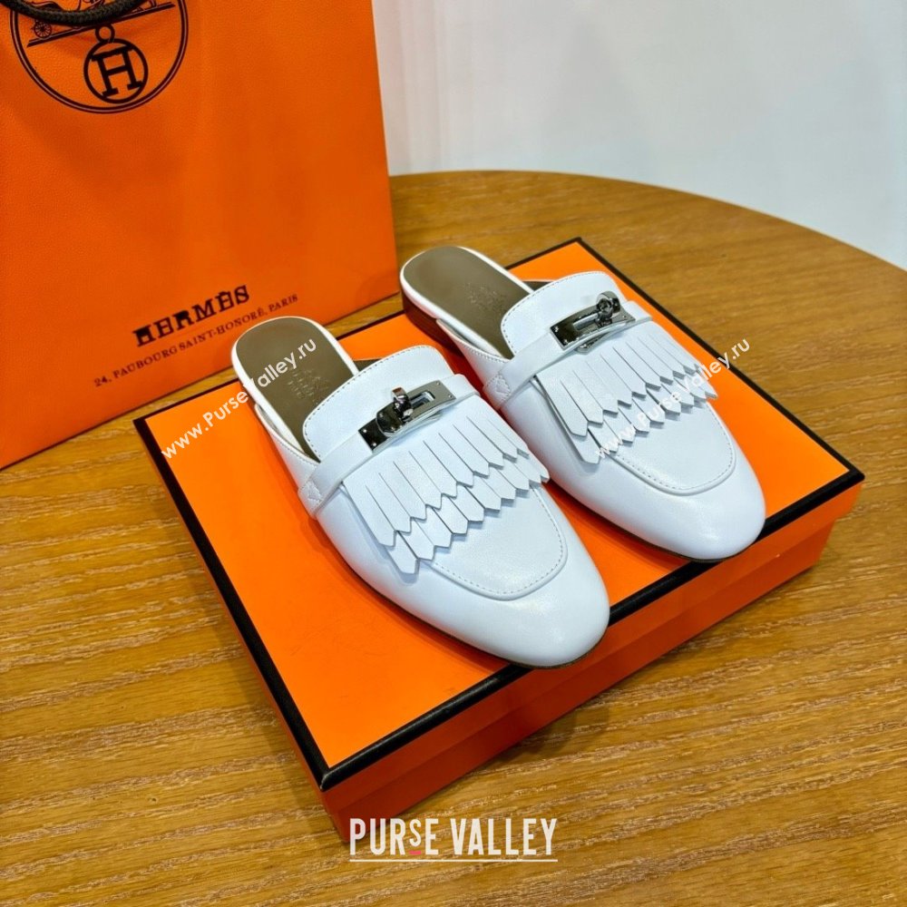 Hermes Kelly Buckle Oz Mules in fringed calfskin white (original quality) (mingdu-240321-01)