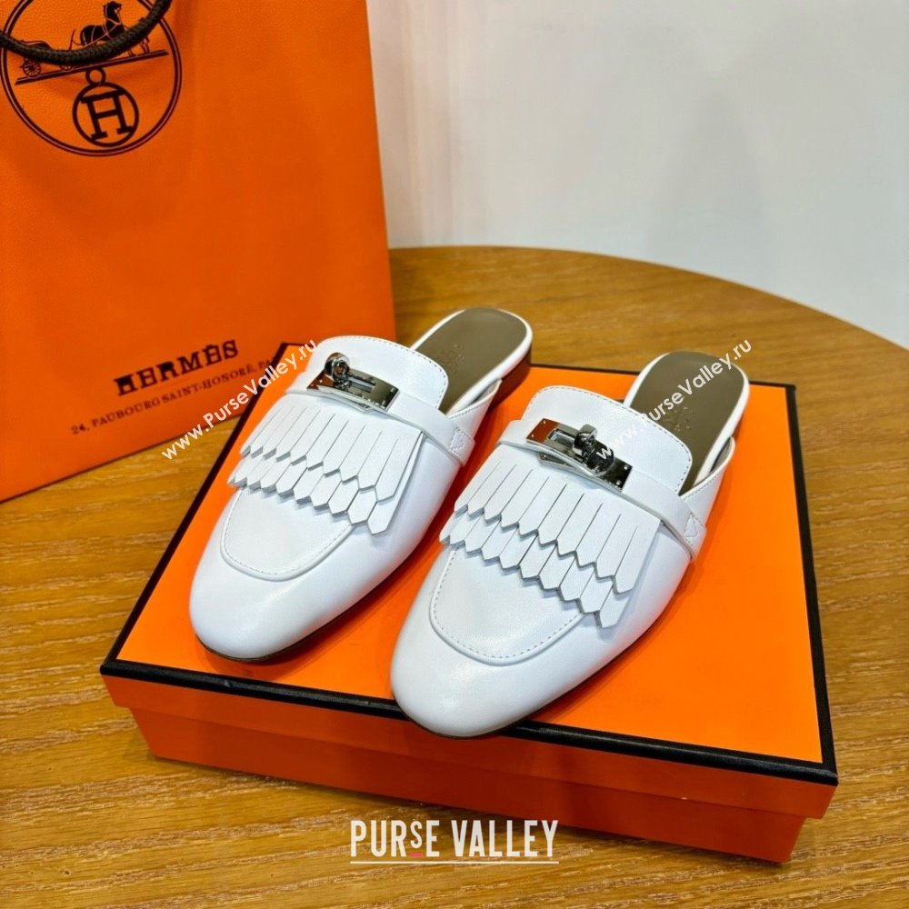 Hermes Kelly Buckle Oz Mules in fringed calfskin white (original quality) (mingdu-240321-01)