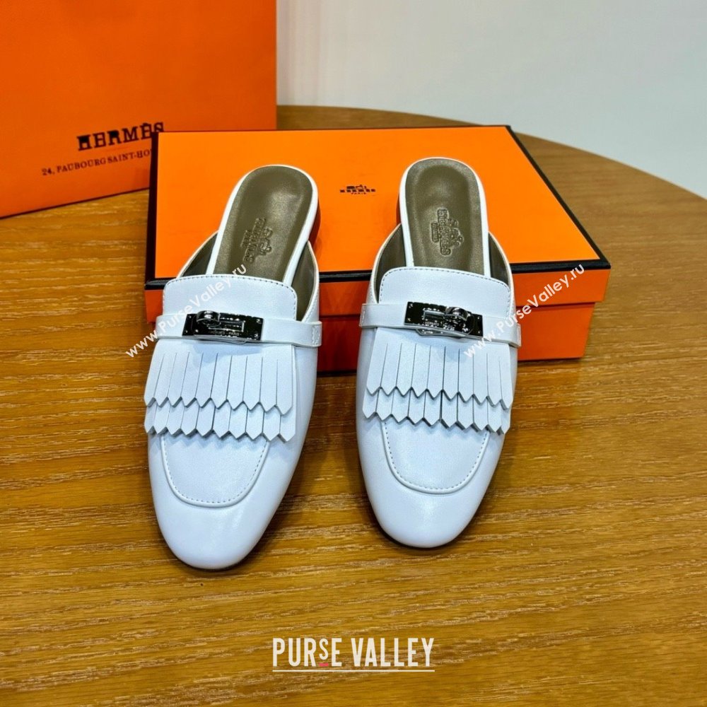 Hermes Kelly Buckle Oz Mules in fringed calfskin white (original quality) (mingdu-240321-01)