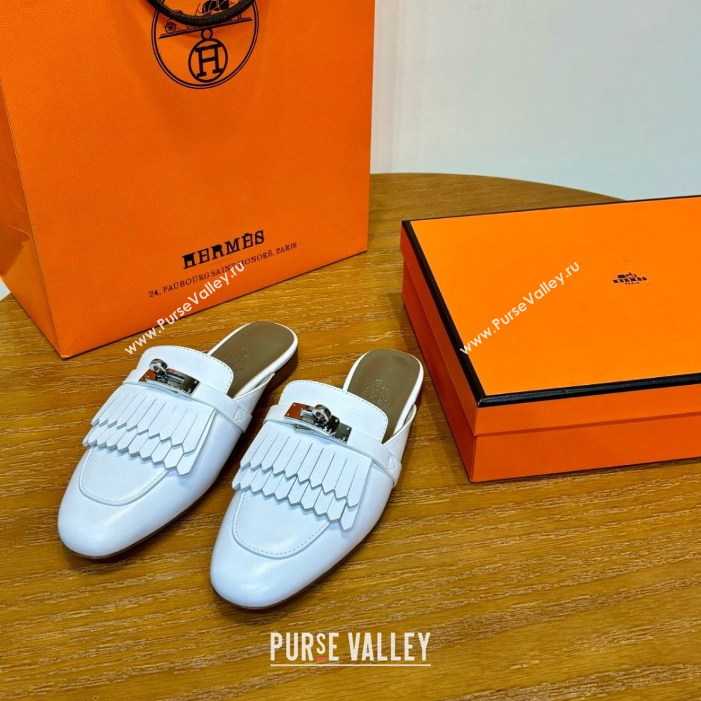 Hermes Kelly Buckle Oz Mules in fringed calfskin white (original quality) (mingdu-240321-01)