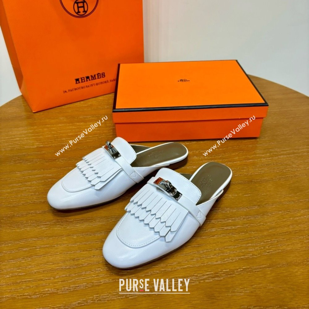 Hermes Kelly Buckle Oz Mules in fringed calfskin white (original quality) (mingdu-240321-01)