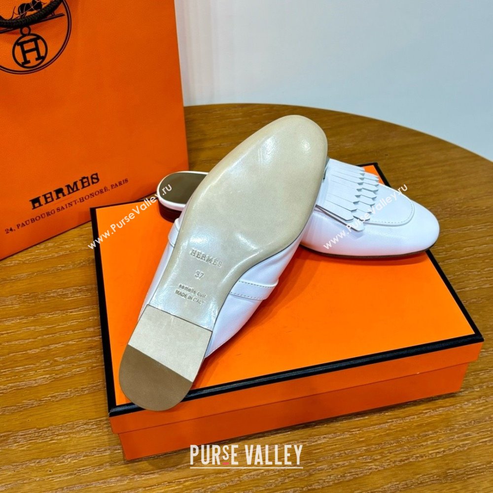 Hermes Kelly Buckle Oz Mules in fringed calfskin white (original quality) (mingdu-240321-01)