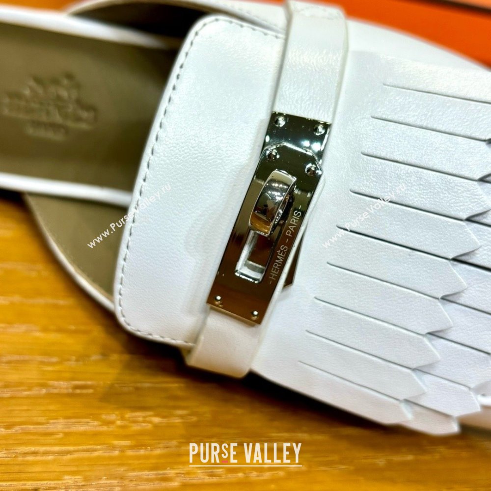 Hermes Kelly Buckle Oz Mules in fringed calfskin white (original quality) (mingdu-240321-01)