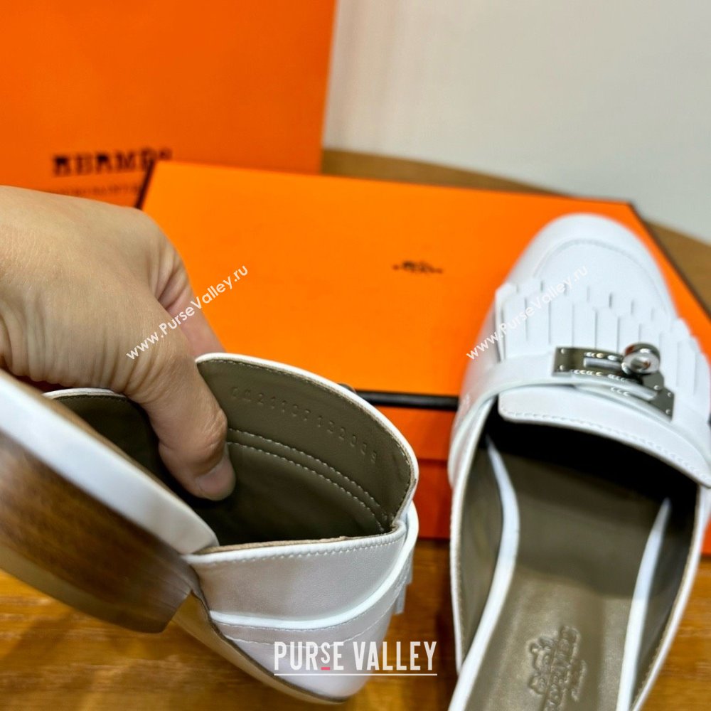 Hermes Kelly Buckle Oz Mules in fringed calfskin white (original quality) (mingdu-240321-01)