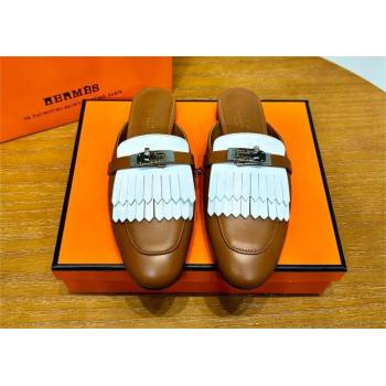 Hermes Kelly Buckle Oz Mules in fringed calfskin white/brown (original quality) (mingdu-240321-02)