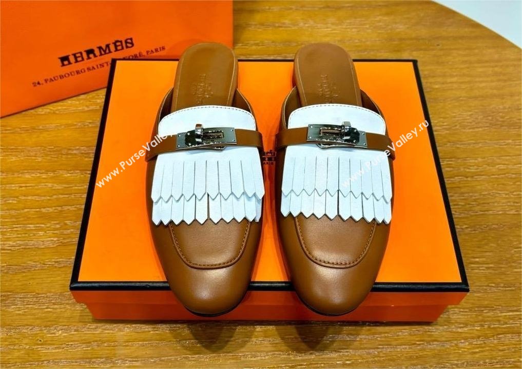 Hermes Kelly Buckle Oz Mules in fringed calfskin white/brown (original quality) (mingdu-240321-02)