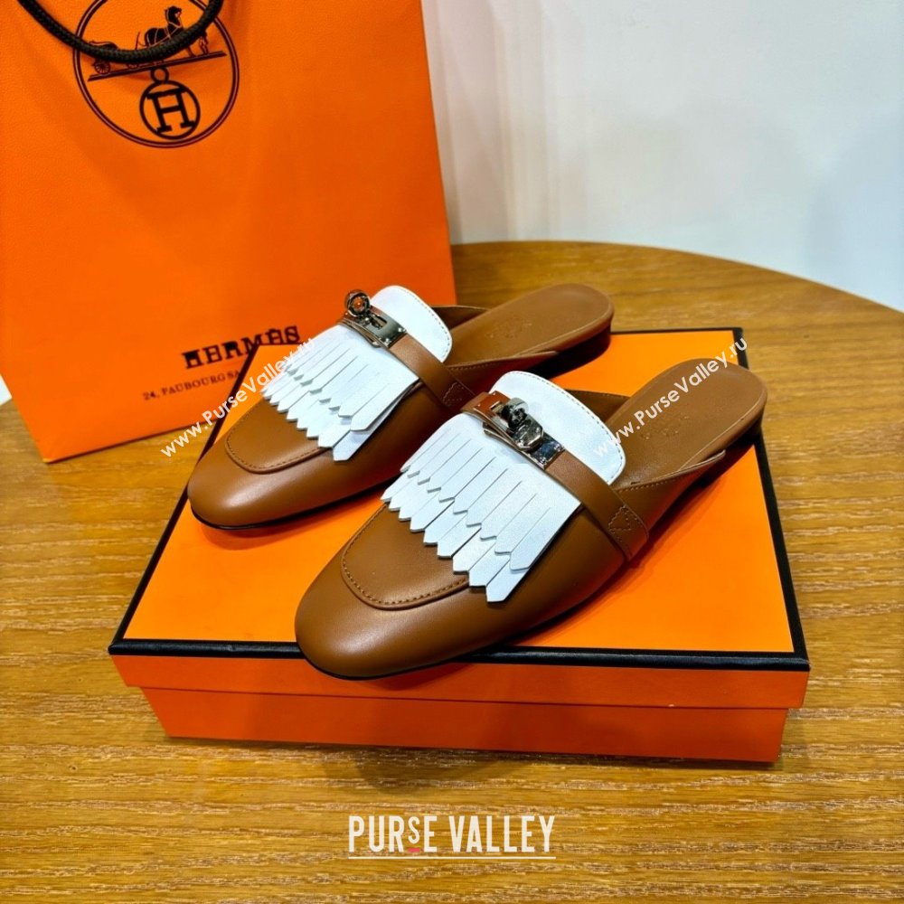 Hermes Kelly Buckle Oz Mules in fringed calfskin white/brown (original quality) (mingdu-240321-02)