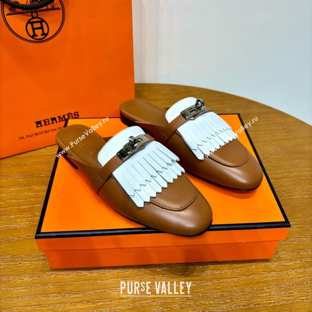 Hermes Kelly Buckle Oz Mules in fringed calfskin white/brown (original quality) (mingdu-240321-02)