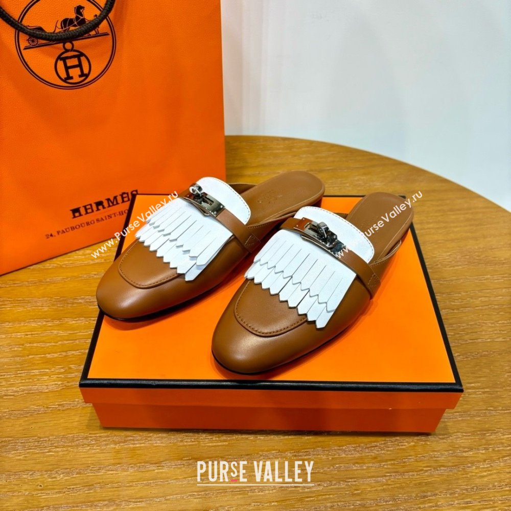 Hermes Kelly Buckle Oz Mules in fringed calfskin white/brown (original quality) (mingdu-240321-02)