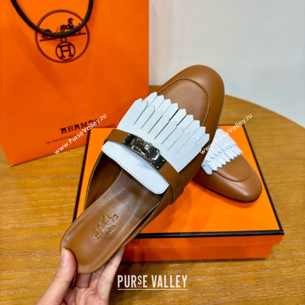 Hermes Kelly Buckle Oz Mules in fringed calfskin white/brown (original quality) (mingdu-240321-02)