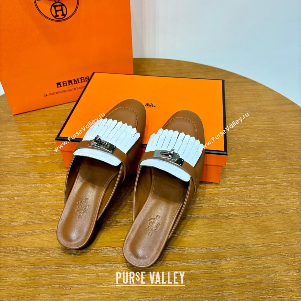 Hermes Kelly Buckle Oz Mules in fringed calfskin white/brown (original quality) (mingdu-240321-02)