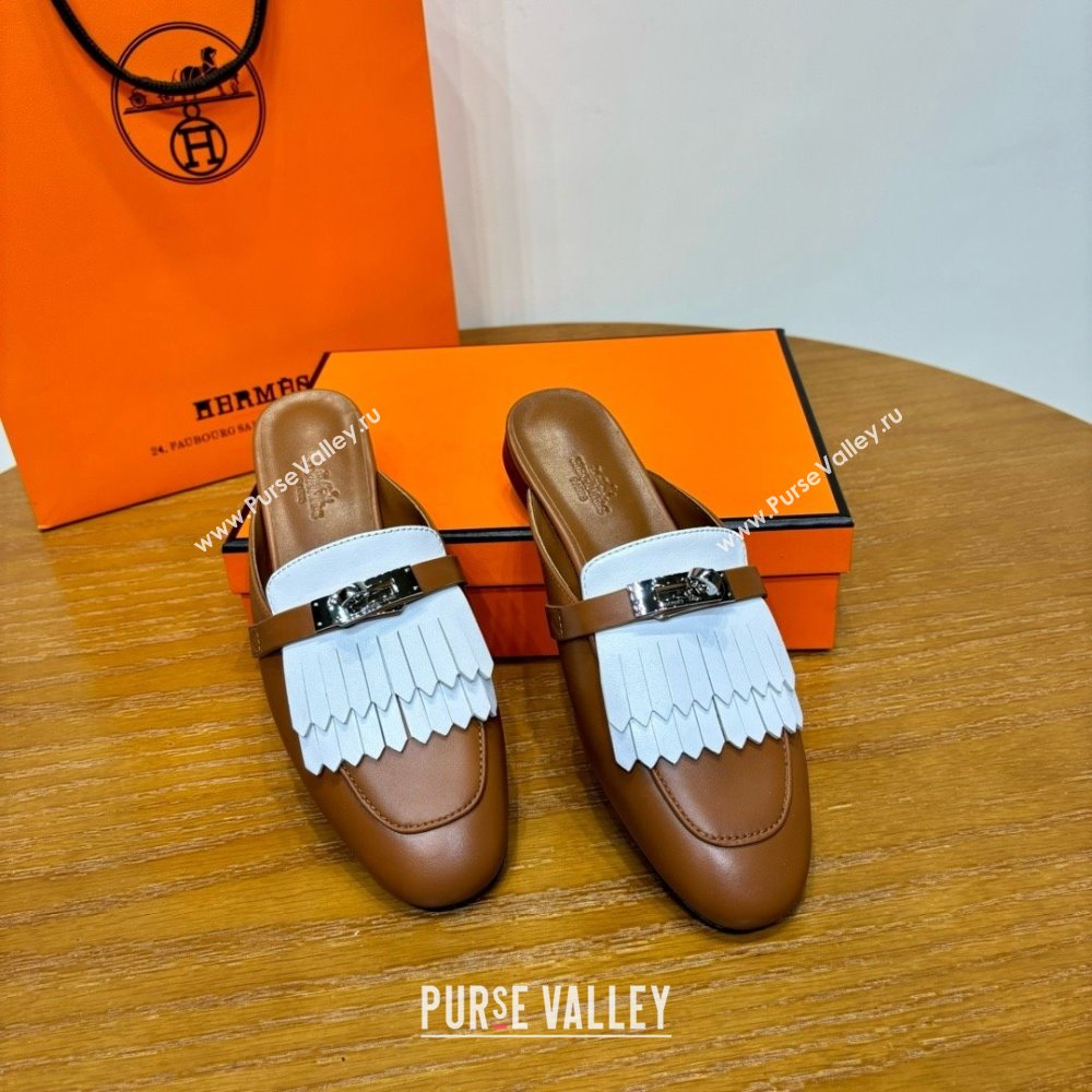 Hermes Kelly Buckle Oz Mules in fringed calfskin white/brown (original quality) (mingdu-240321-02)