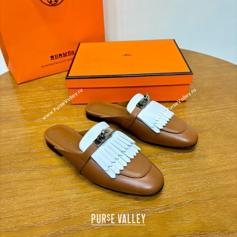 Hermes Kelly Buckle Oz Mules in fringed calfskin white/brown (original quality) (mingdu-240321-02)