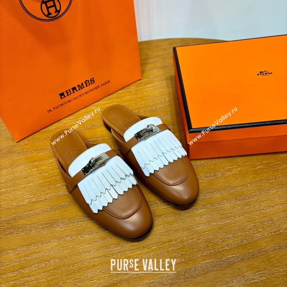 Hermes Kelly Buckle Oz Mules in fringed calfskin white/brown (original quality) (mingdu-240321-02)