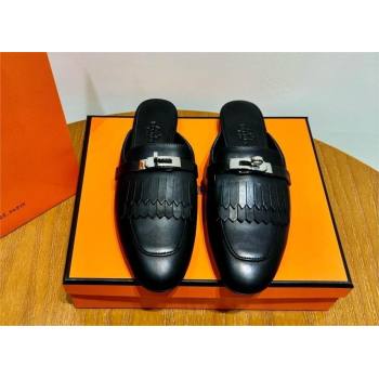 Hermes Kelly Buckle Oz Mules in fringed calfskin black (original quality) (mingdu-240321-03)