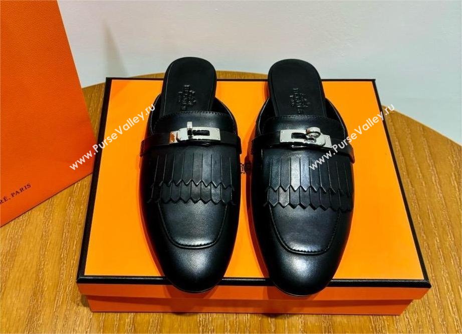 Hermes Kelly Buckle Oz Mules in fringed calfskin black (original quality) (mingdu-240321-03)