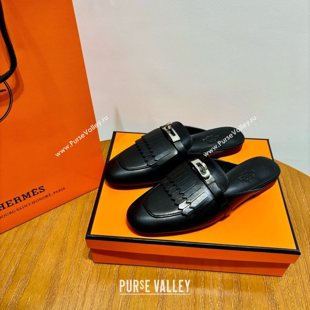 Hermes Kelly Buckle Oz Mules in fringed calfskin black (original quality) (mingdu-240321-03)