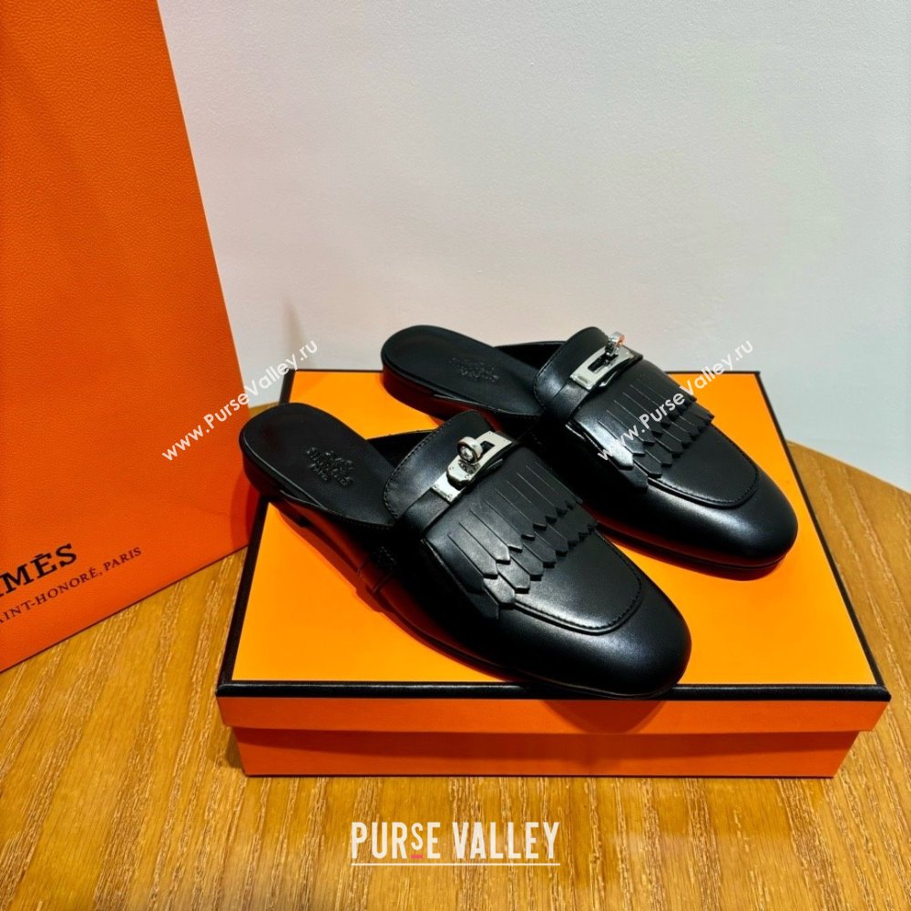 Hermes Kelly Buckle Oz Mules in fringed calfskin black (original quality) (mingdu-240321-03)