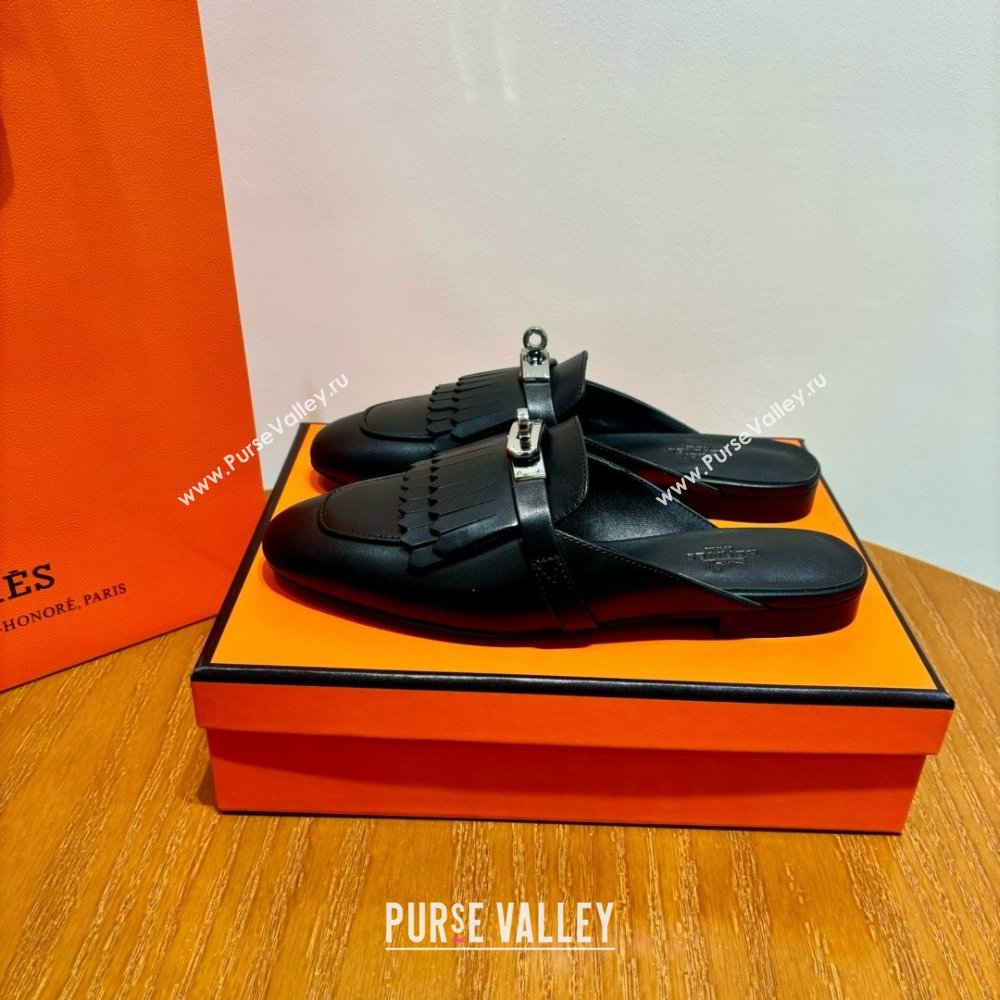 Hermes Kelly Buckle Oz Mules in fringed calfskin black (original quality) (mingdu-240321-03)