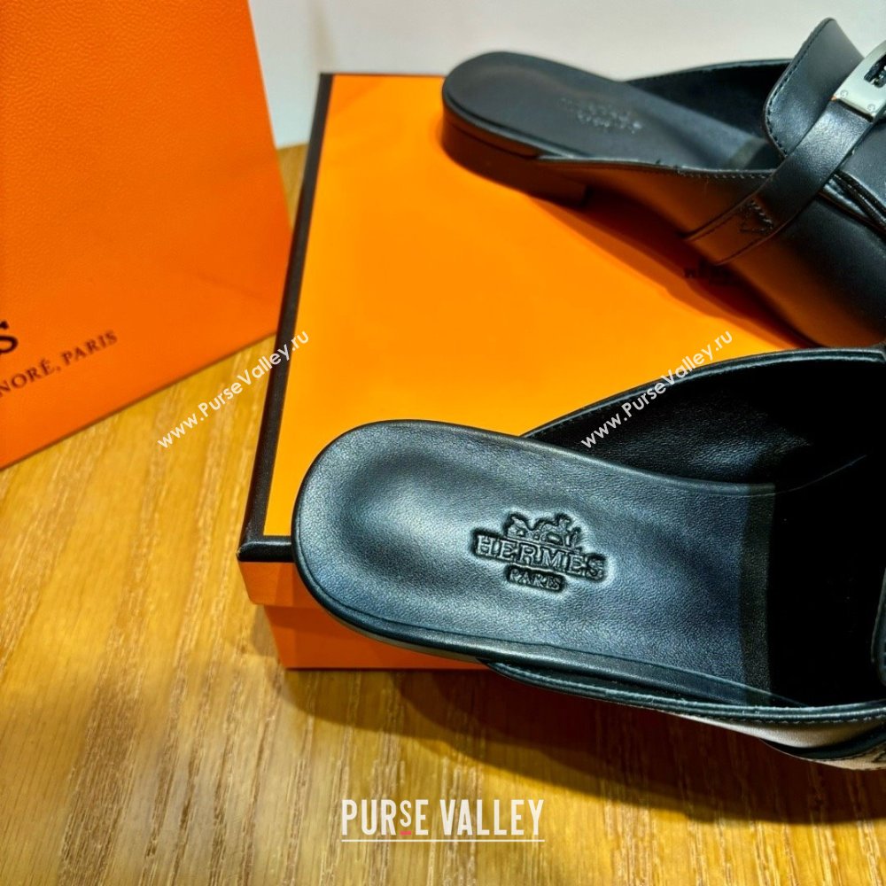 Hermes Kelly Buckle Oz Mules in fringed calfskin black (original quality) (mingdu-240321-03)