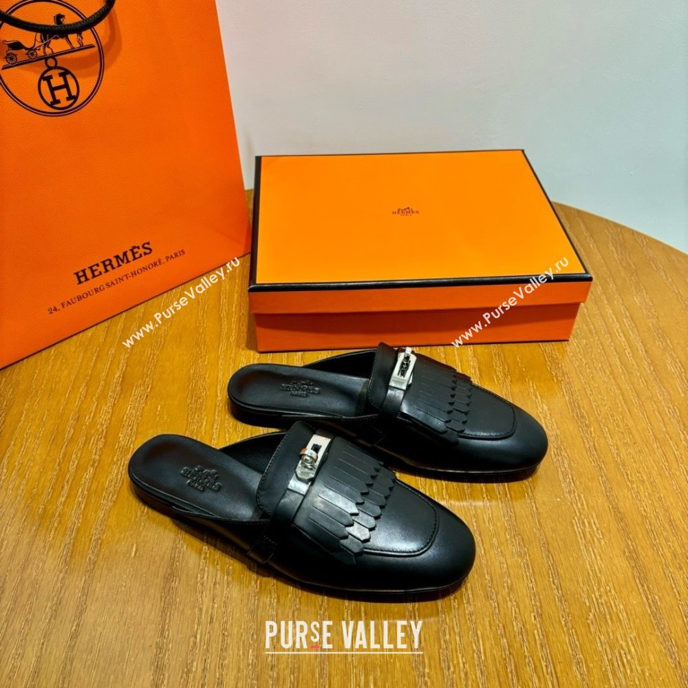 Hermes Kelly Buckle Oz Mules in fringed calfskin black (original quality) (mingdu-240321-03)