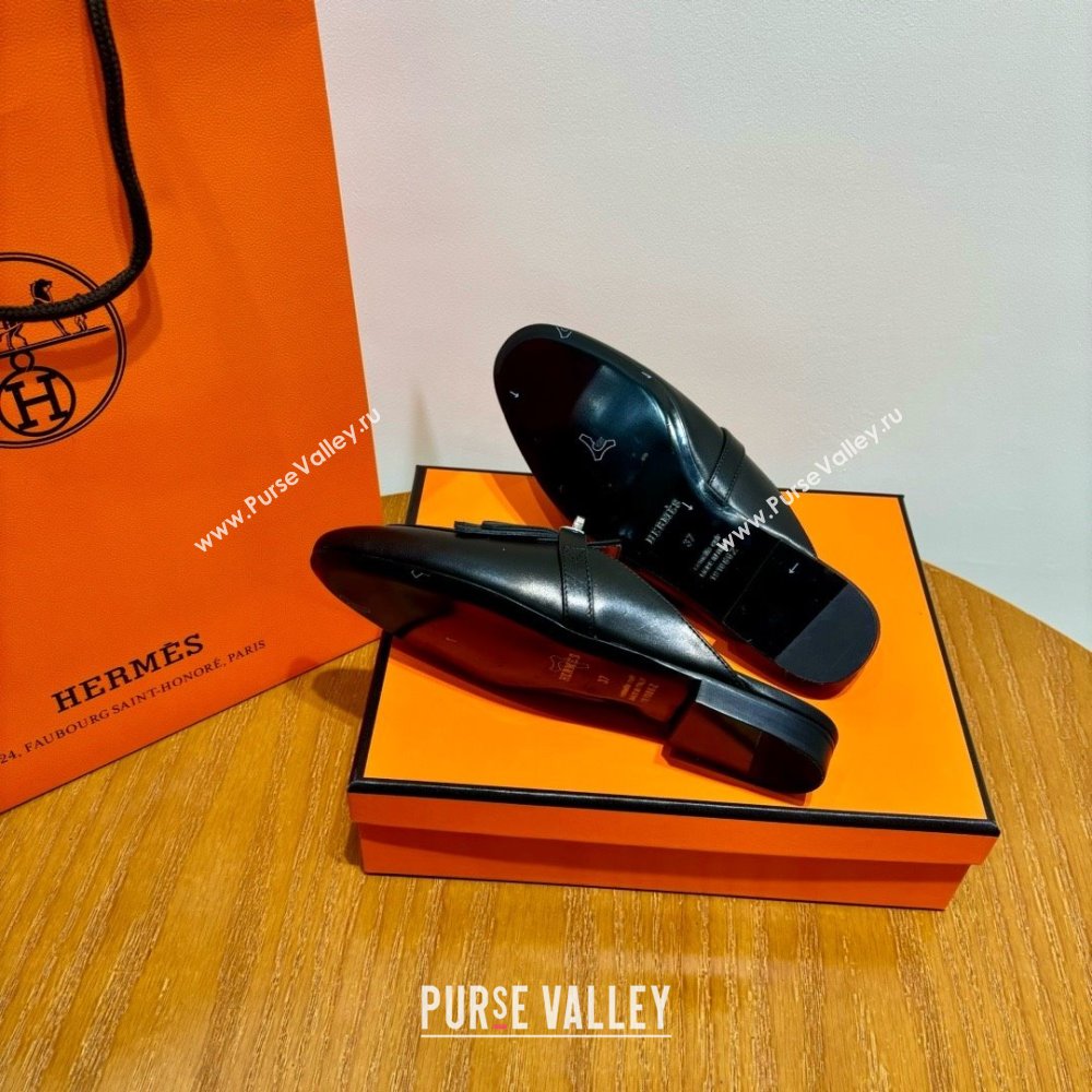 Hermes Kelly Buckle Oz Mules in fringed calfskin black (original quality) (mingdu-240321-03)