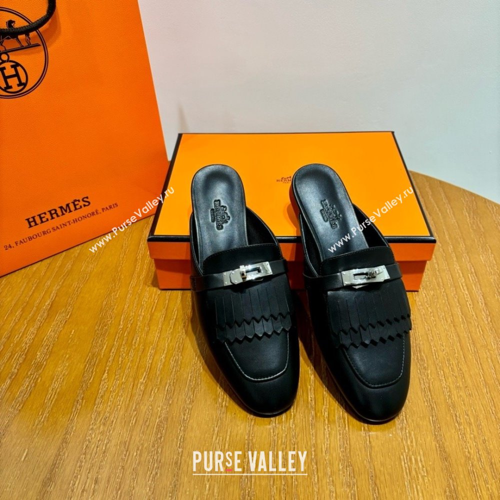 Hermes Kelly Buckle Oz Mules in fringed calfskin black (original quality) (mingdu-240321-03)