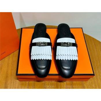 Hermes Kelly Buckle Oz Mules in fringed calfskin white/black (original quality) (mingdu-240321-04)