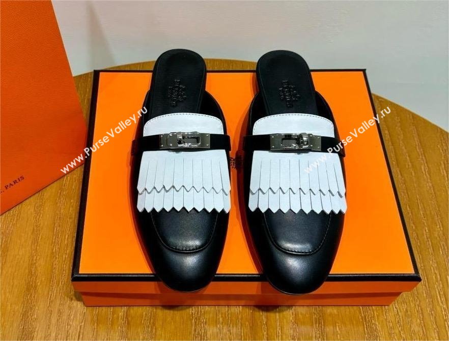 Hermes Kelly Buckle Oz Mules in fringed calfskin white/black (original quality) (mingdu-240321-04)