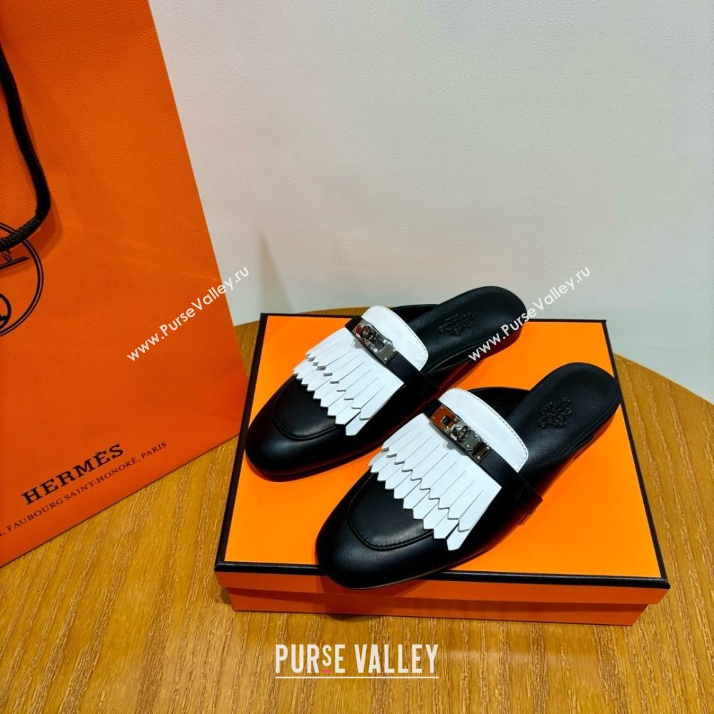 Hermes Kelly Buckle Oz Mules in fringed calfskin white/black (original quality) (mingdu-240321-04)