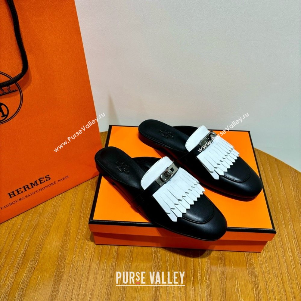 Hermes Kelly Buckle Oz Mules in fringed calfskin white/black (original quality) (mingdu-240321-04)