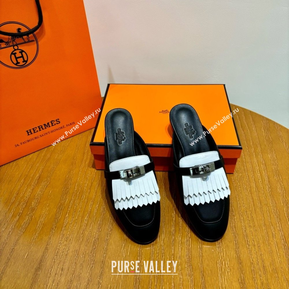 Hermes Kelly Buckle Oz Mules in fringed calfskin white/black (original quality) (mingdu-240321-04)