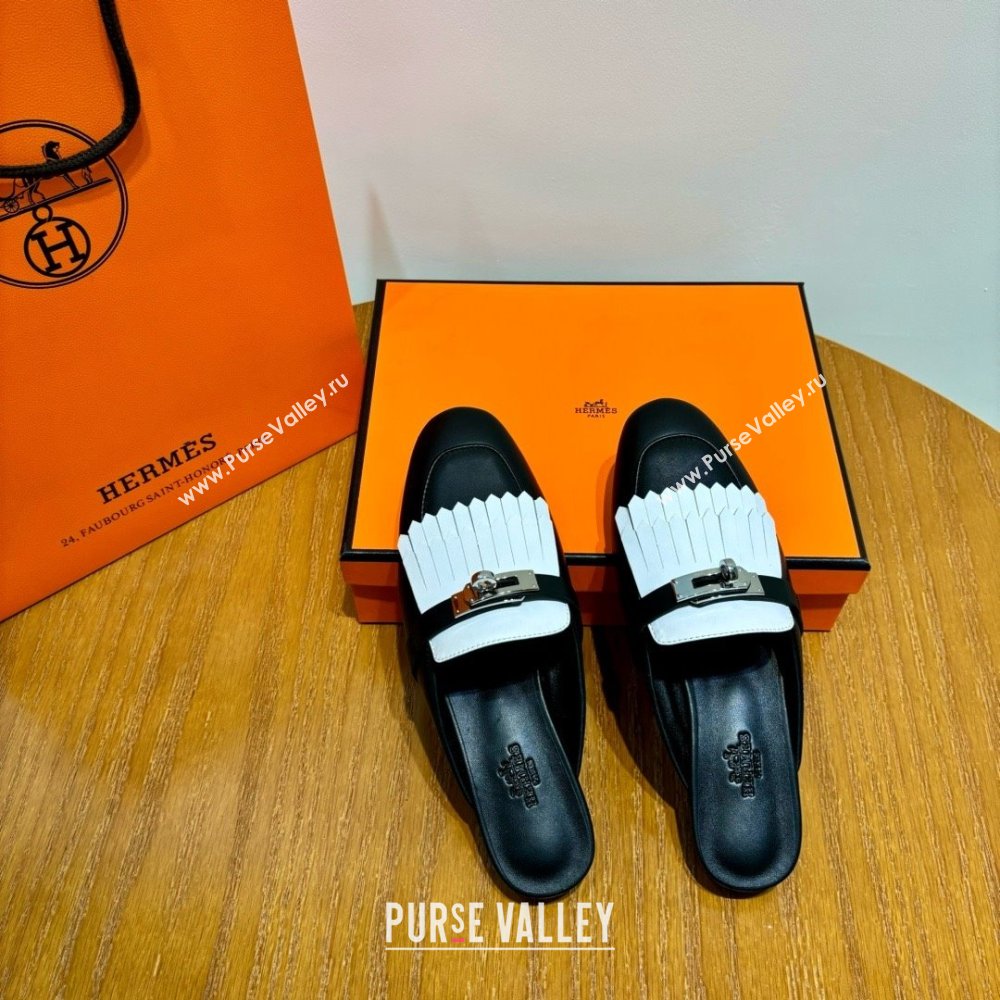 Hermes Kelly Buckle Oz Mules in fringed calfskin white/black (original quality) (mingdu-240321-04)