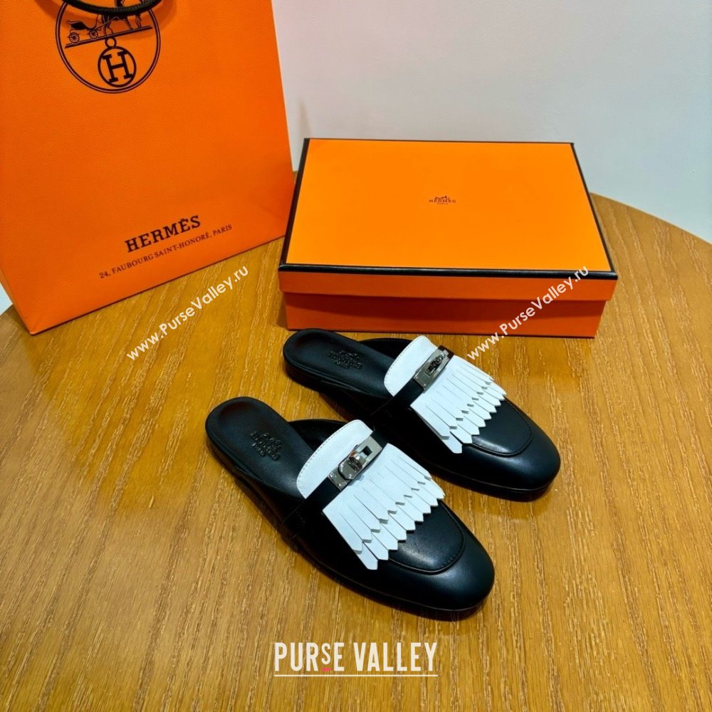 Hermes Kelly Buckle Oz Mules in fringed calfskin white/black (original quality) (mingdu-240321-04)