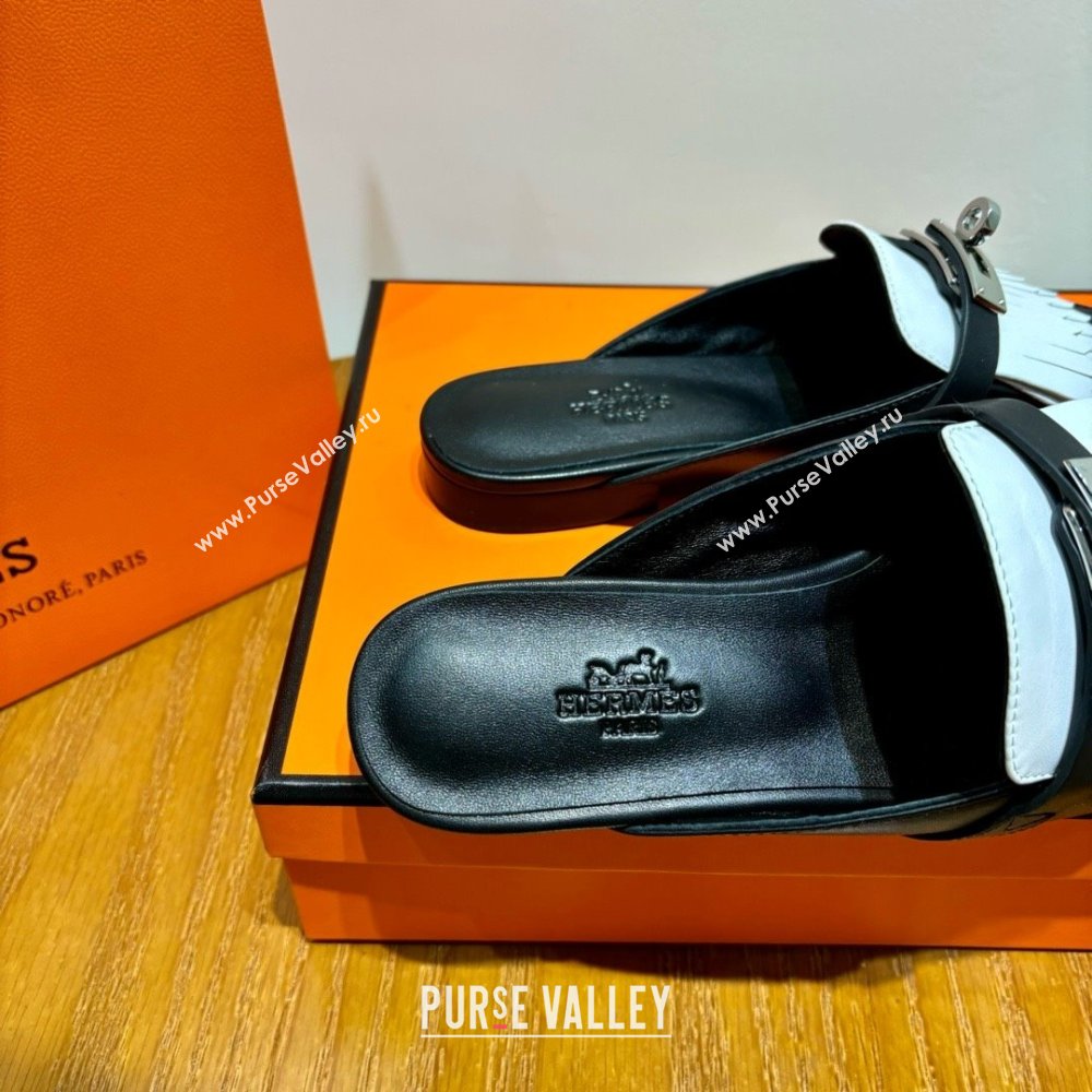 Hermes Kelly Buckle Oz Mules in fringed calfskin white/black (original quality) (mingdu-240321-04)