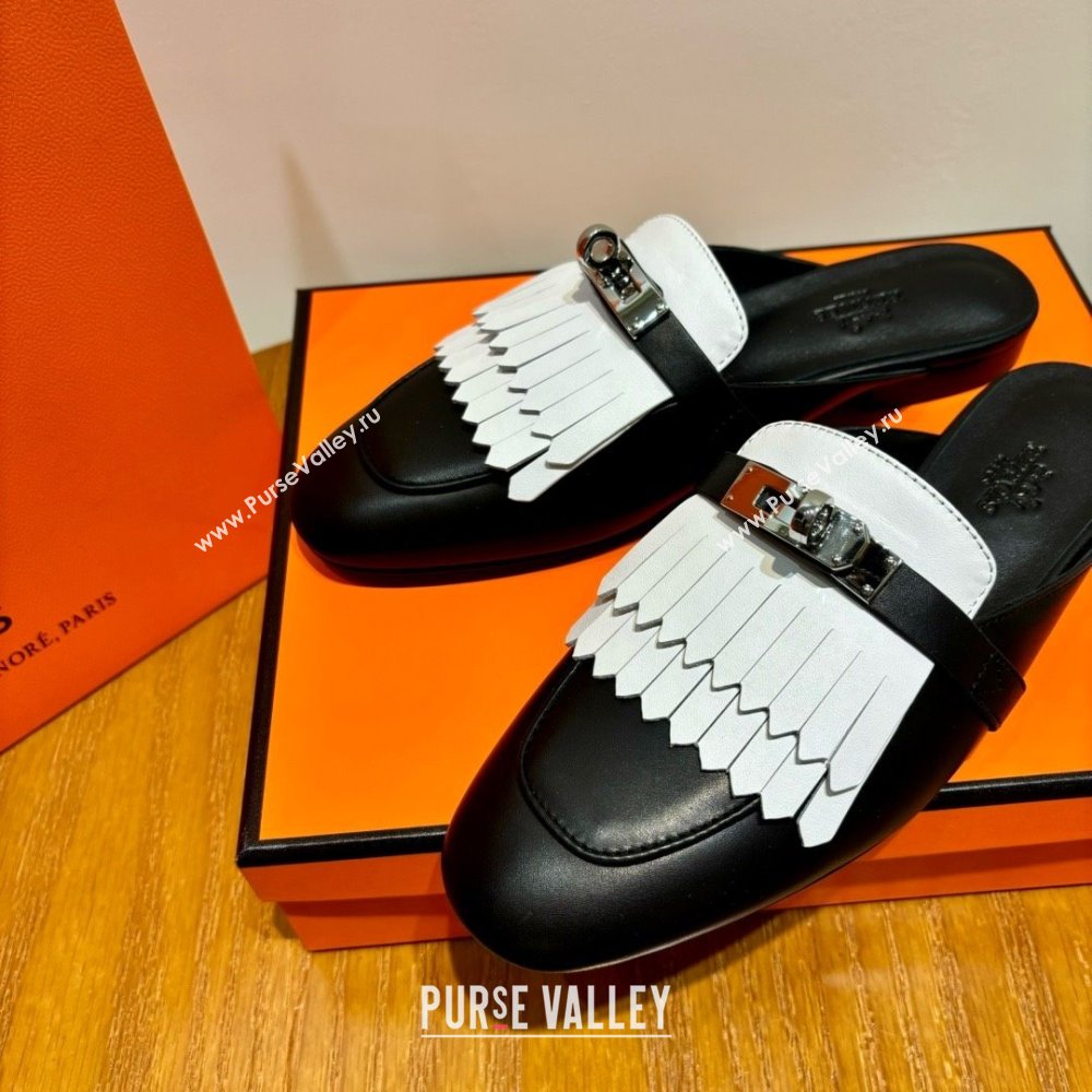 Hermes Kelly Buckle Oz Mules in fringed calfskin white/black (original quality) (mingdu-240321-04)