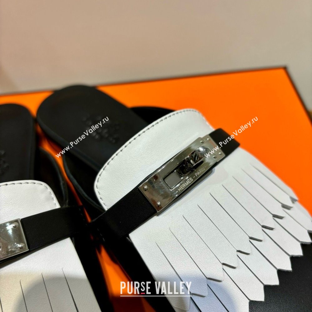 Hermes Kelly Buckle Oz Mules in fringed calfskin white/black (original quality) (mingdu-240321-04)