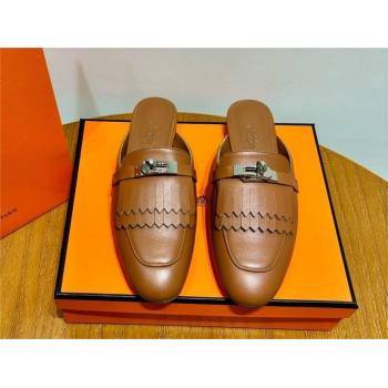 Hermes Kelly Buckle Oz Mules in fringed calfskin brown (original quality) (mingdu-240321-05)