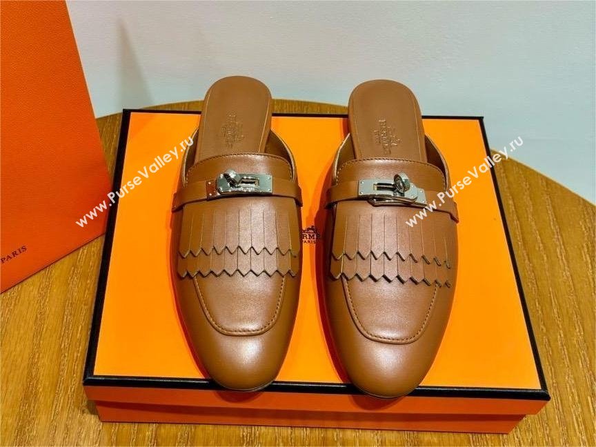 Hermes Kelly Buckle Oz Mules in fringed calfskin brown (original quality) (mingdu-240321-05)