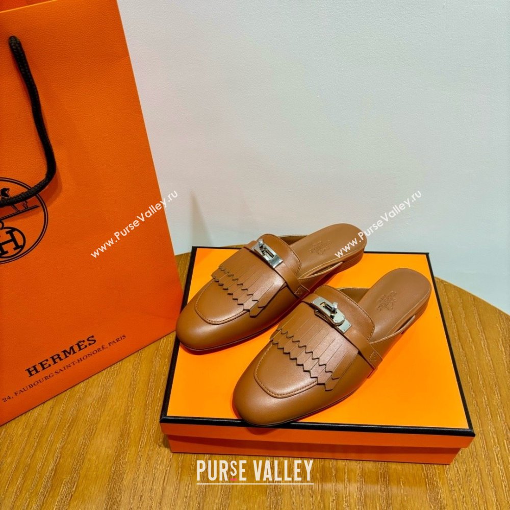 Hermes Kelly Buckle Oz Mules in fringed calfskin brown (original quality) (mingdu-240321-05)