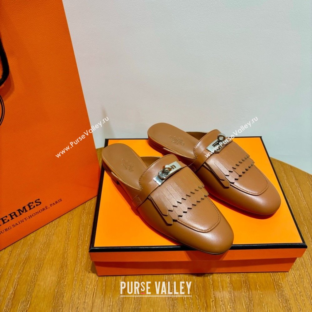 Hermes Kelly Buckle Oz Mules in fringed calfskin brown (original quality) (mingdu-240321-05)