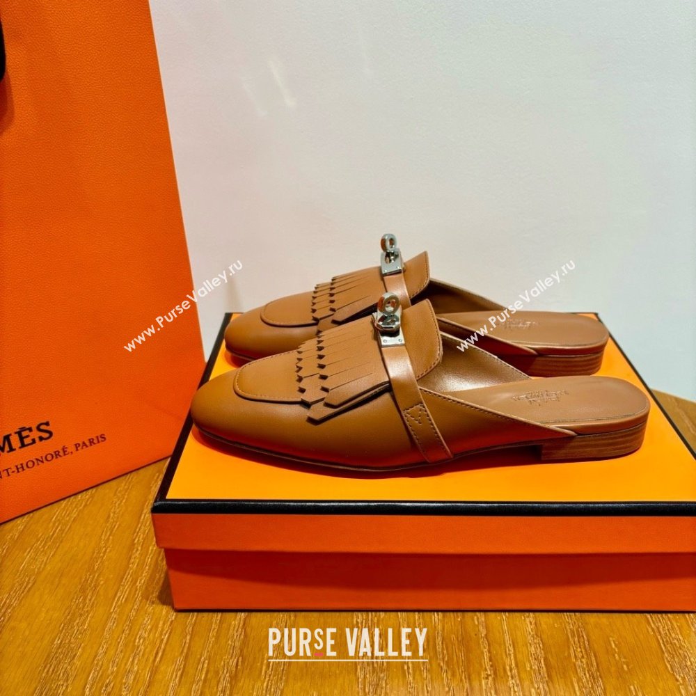 Hermes Kelly Buckle Oz Mules in fringed calfskin brown (original quality) (mingdu-240321-05)